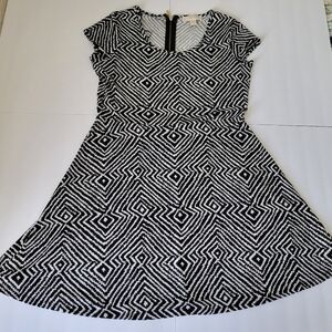 Michael Kors Geometric Black and White Office Career Short Sleeve Flare Dress